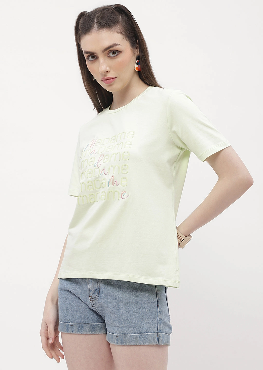 Madame Logo Print Neon Green Regular T-Shirt Flattering Design