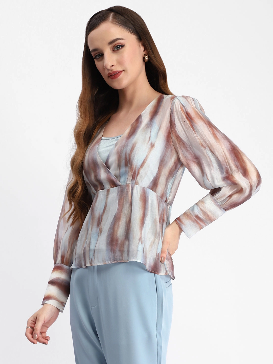 Vintage Shirt Madame Abstract Print Cuff Sleeved Sky Blue Peplum Top