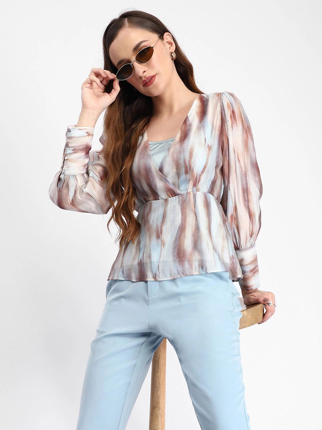 Madame Abstract Print Cuff Sleeved Sky Blue Peplum Top Adjustable Hem Cuff Comfortable Design