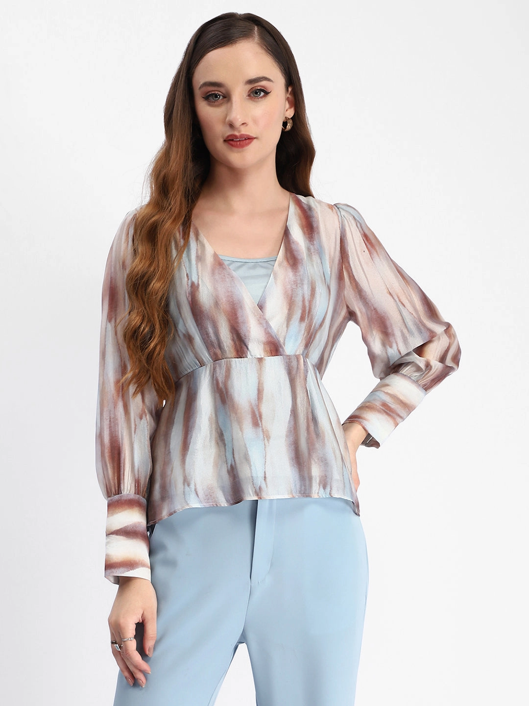 Madame Abstract Print Cuff Sleeved Sky Blue Peplum Top LightweightLayeringSystem