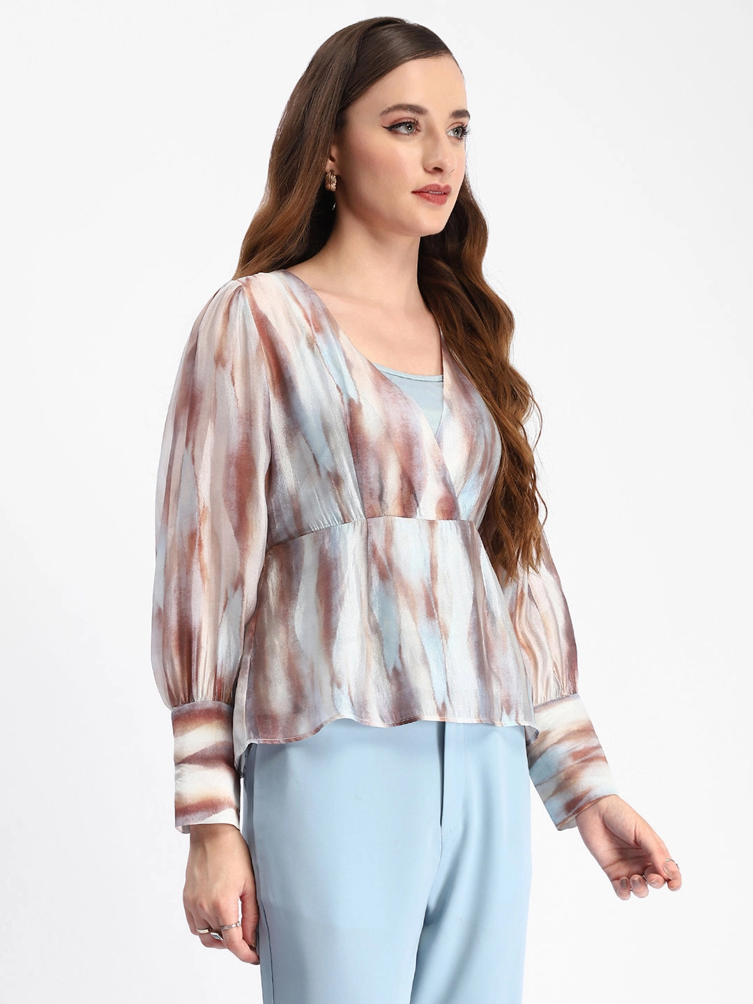 StretchKnit BuiltInLayer Madame Abstract Print Cuff Sleeved Sky Blue Peplum Top