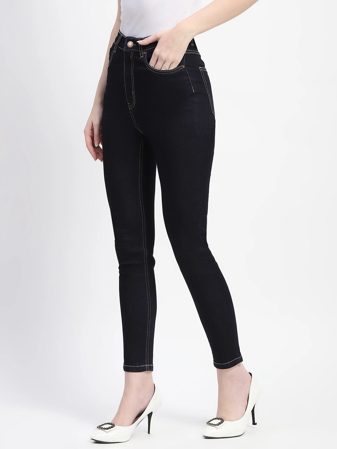 Button Fly Closure Madame Solid Dark Blue Skinny Fit Cotton Denim
