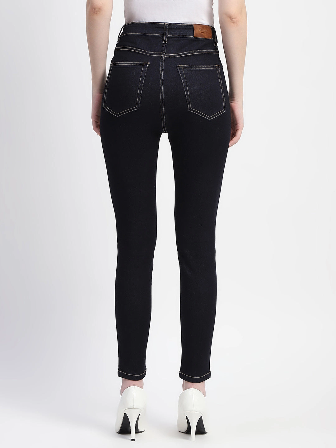 Madame Solid Dark Blue Skinny Fit Cotton Denim Traveler Gear Luxury