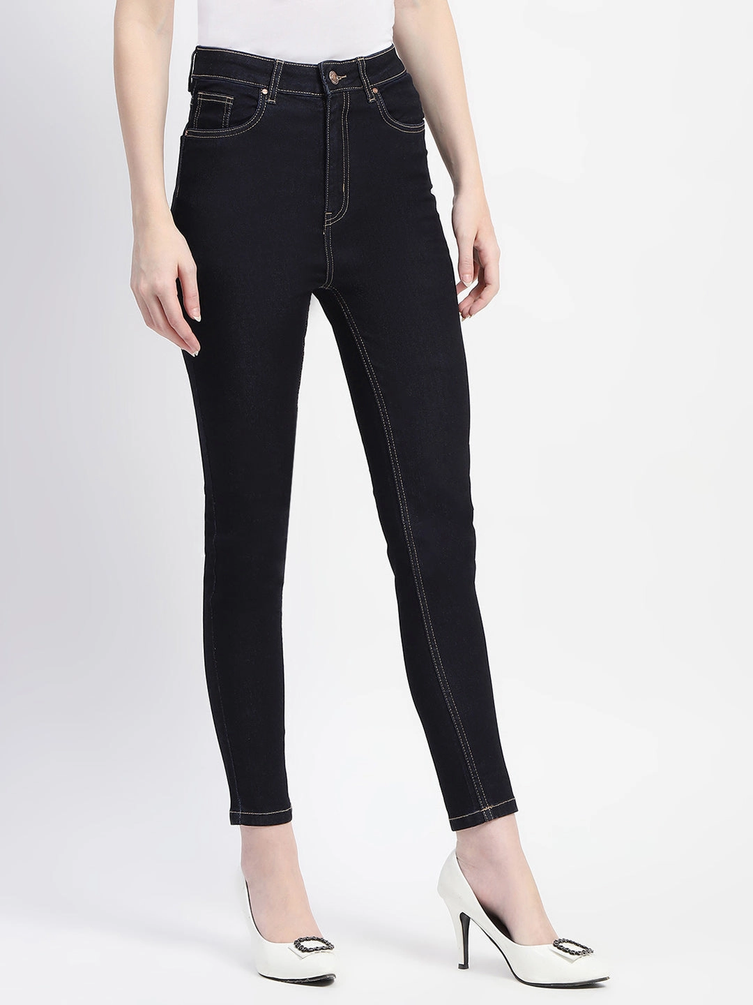 Madame Solid Dark Blue Skinny Fit Cotton Denim Layered Look Durable Build