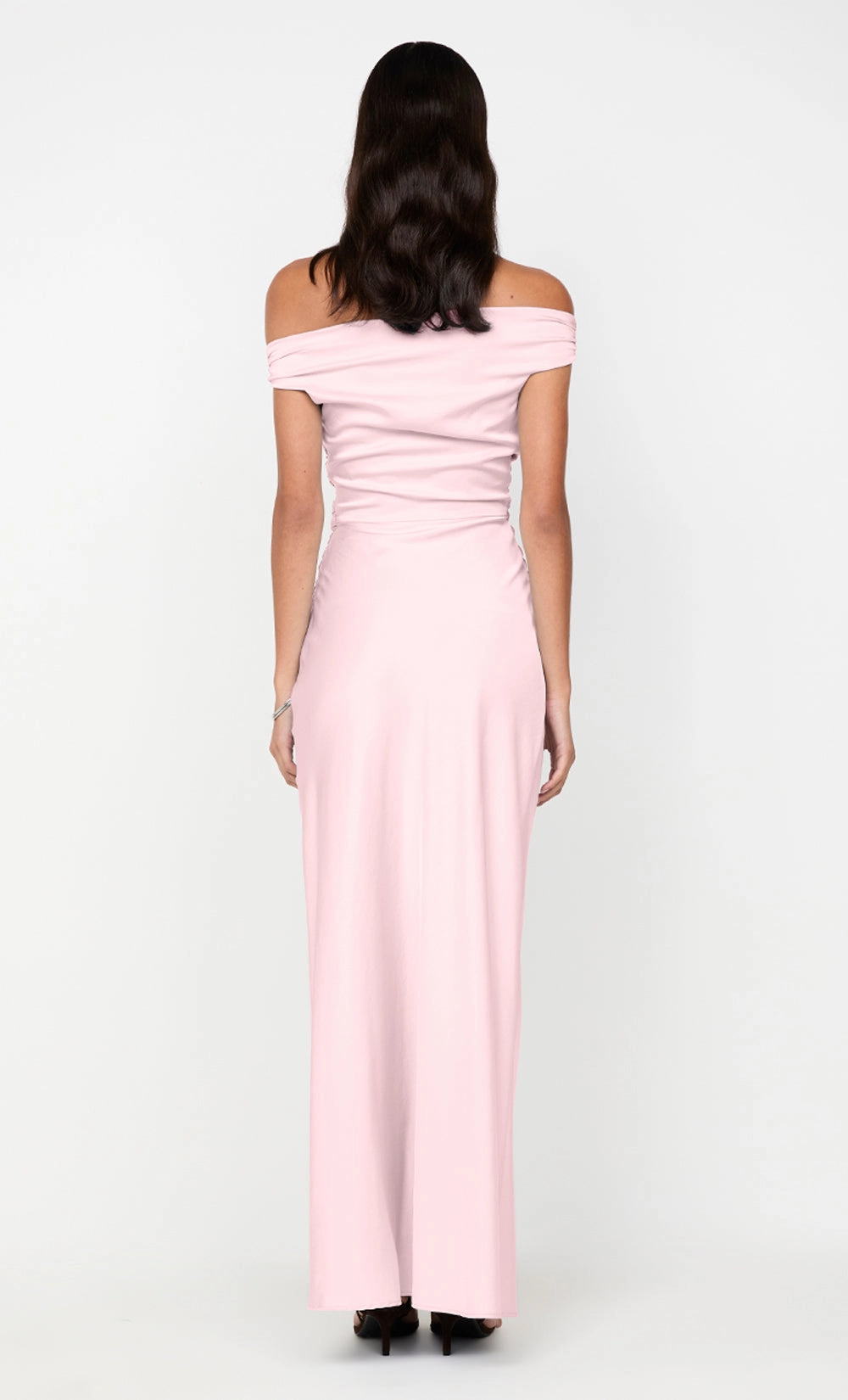 ETERNITY OFF SHOULDER MAXI - POWDER PINK Satin Soft Pure Vibes