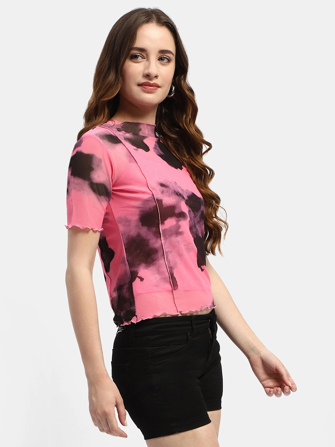 Smart Comfort Slim Fit Cut Madame Lettuce Hem Black Abstract Print T-Shirt