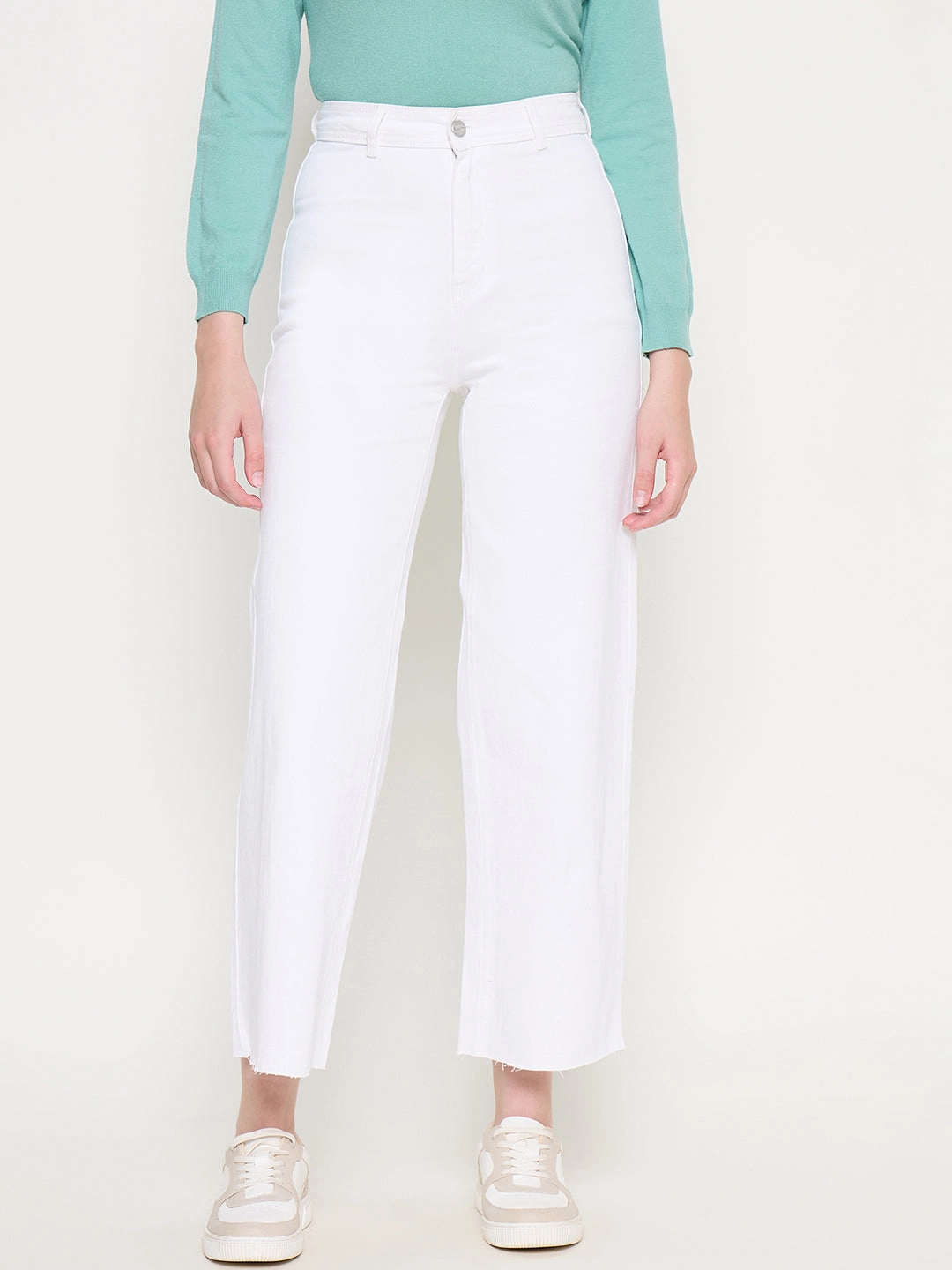 Madame White Wide Leg Cotton Blend Denim Streetwear Fan Evening Stroll Elegant Family Style Urban Explorer Youth Style