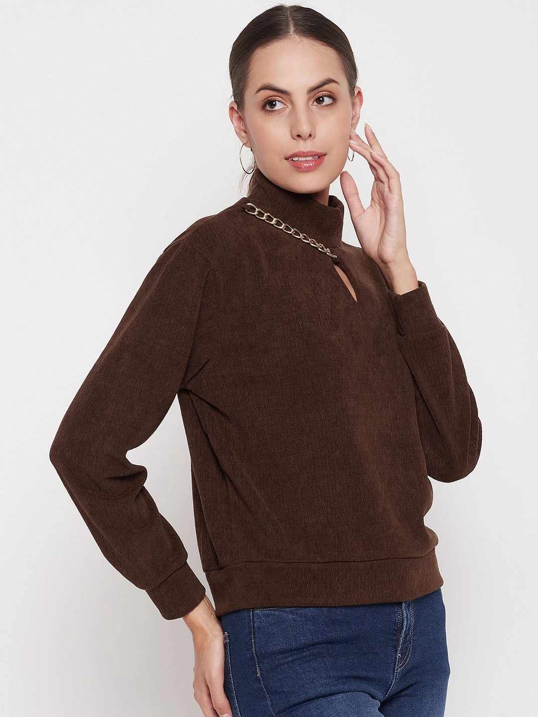 Comfy Feel Madame Brown Keyhole Neck Sweater