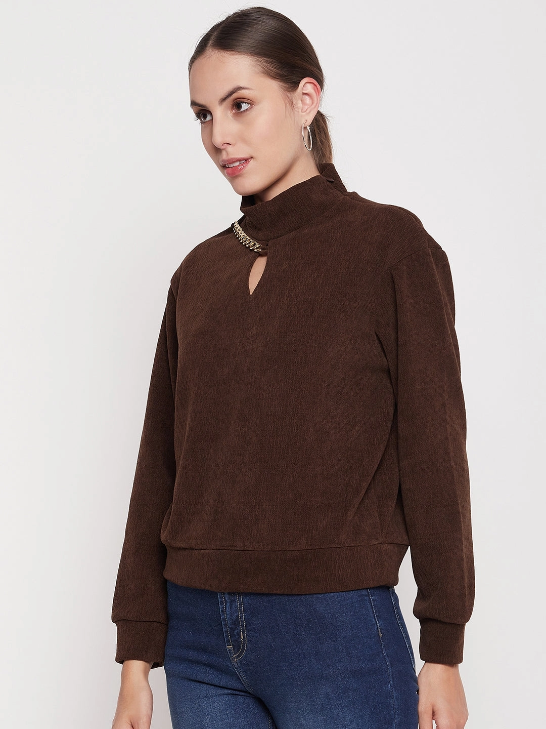 Madame Brown Keyhole Neck Sweater Fashion Forward short sleeves