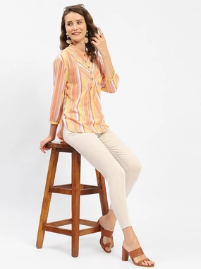 Madame Mandarin Collar Modal Cotton Striped Shirt Clean Edge Trim