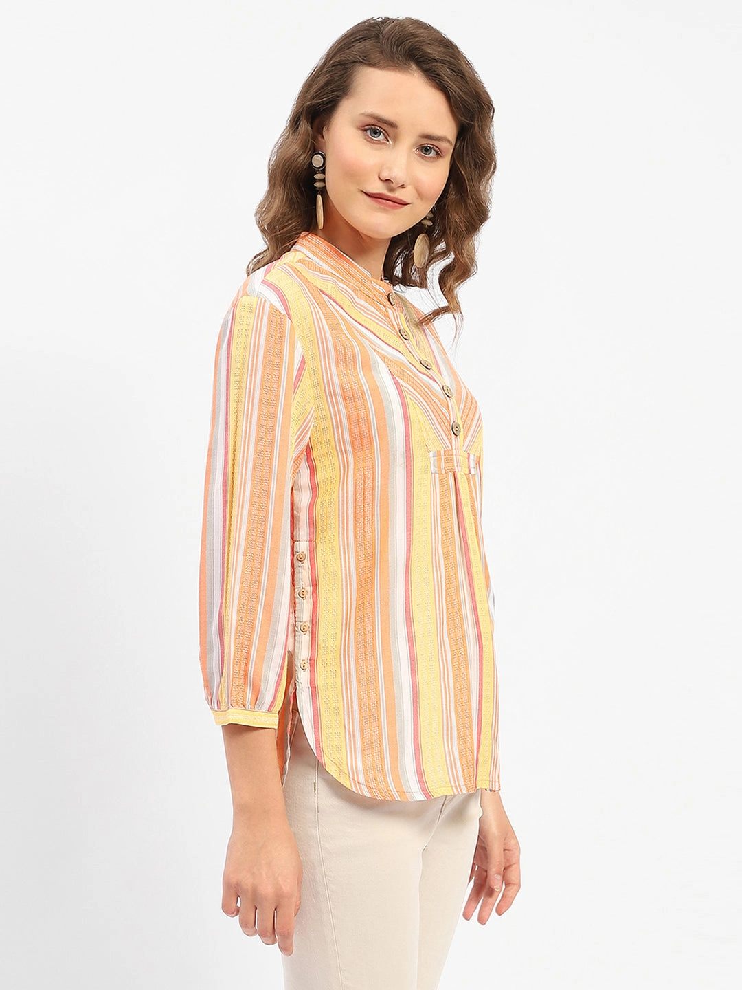 Luxurious Feel Madame Mandarin Collar Modal Cotton Striped Shirt