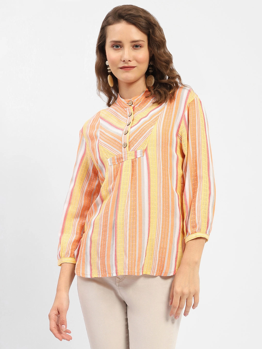 Madame Mandarin Collar Modal Cotton Striped Shirt Youthful Style