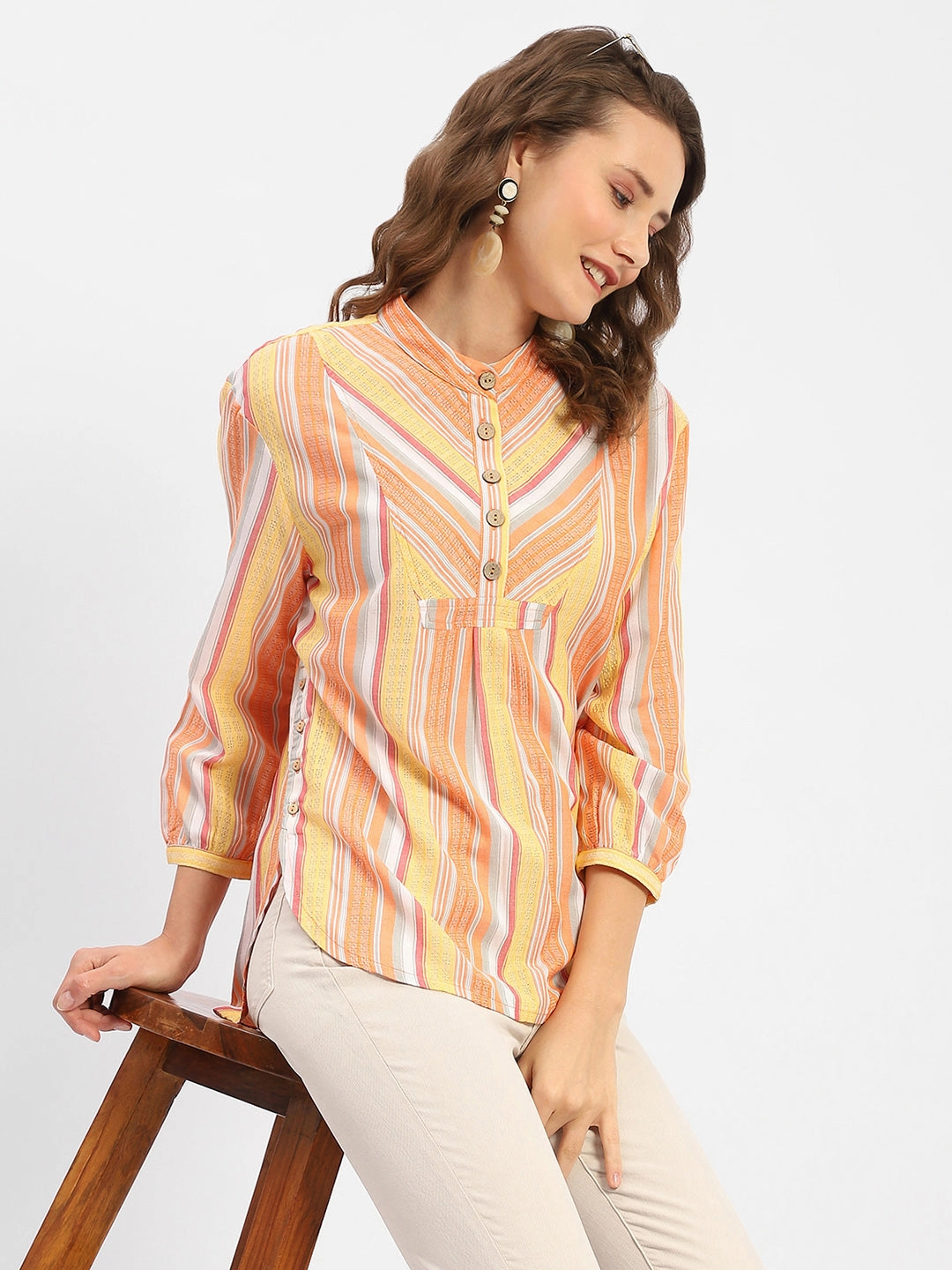 Formal Elegance Reinforced Seams Madame Mandarin Collar Modal Cotton Striped Shirt