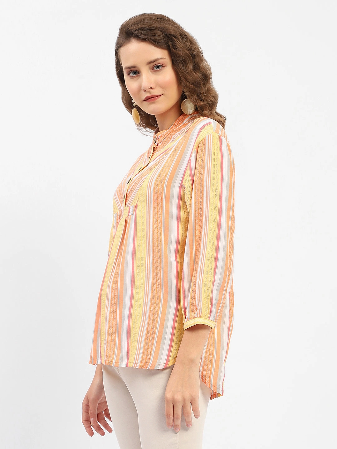 Layered Look Fashionable Layer Madame Mandarin Collar Modal Cotton Striped Shirt