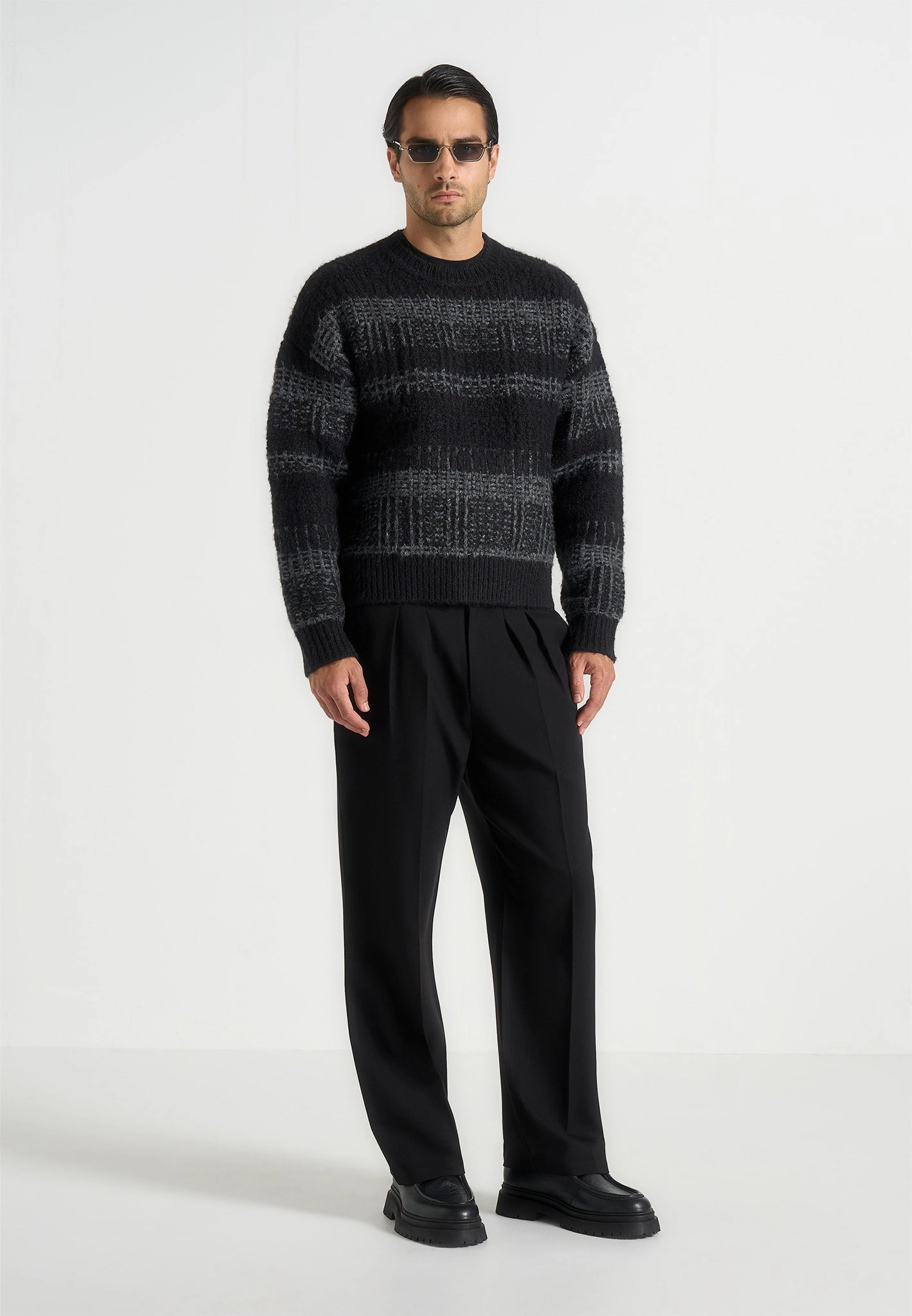 Ayden - Check Wool Knit Jumper - Black/Grey Hooded Knit Variation Elastic Edging