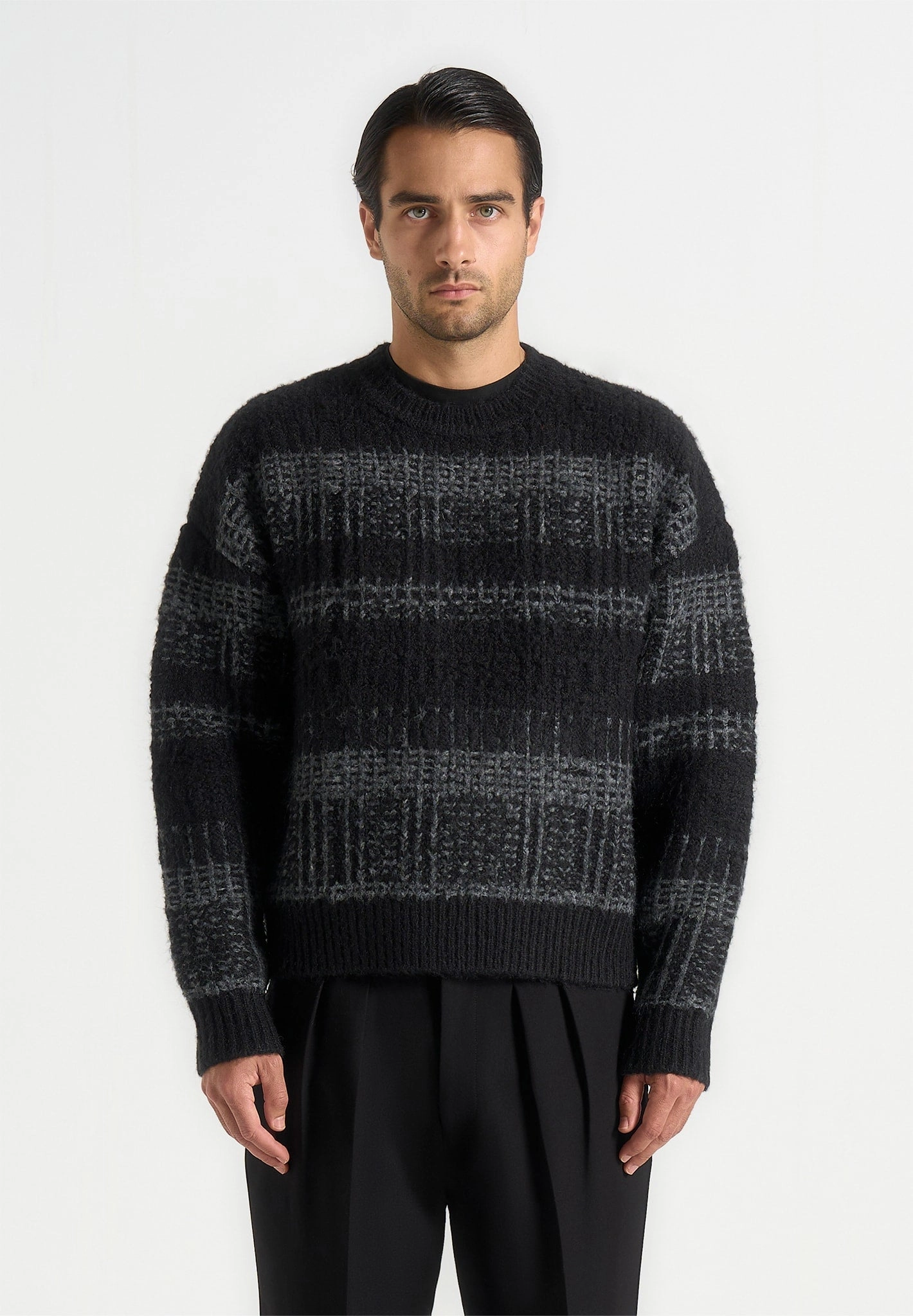Ribbed Collar Detail Heat Retention Technology Ayden - Check Wool Knit Jumper - Black/Grey