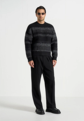Ayden - Check Wool Knit Jumper - Black/Grey Hooded Knit Variation Elastic Edging