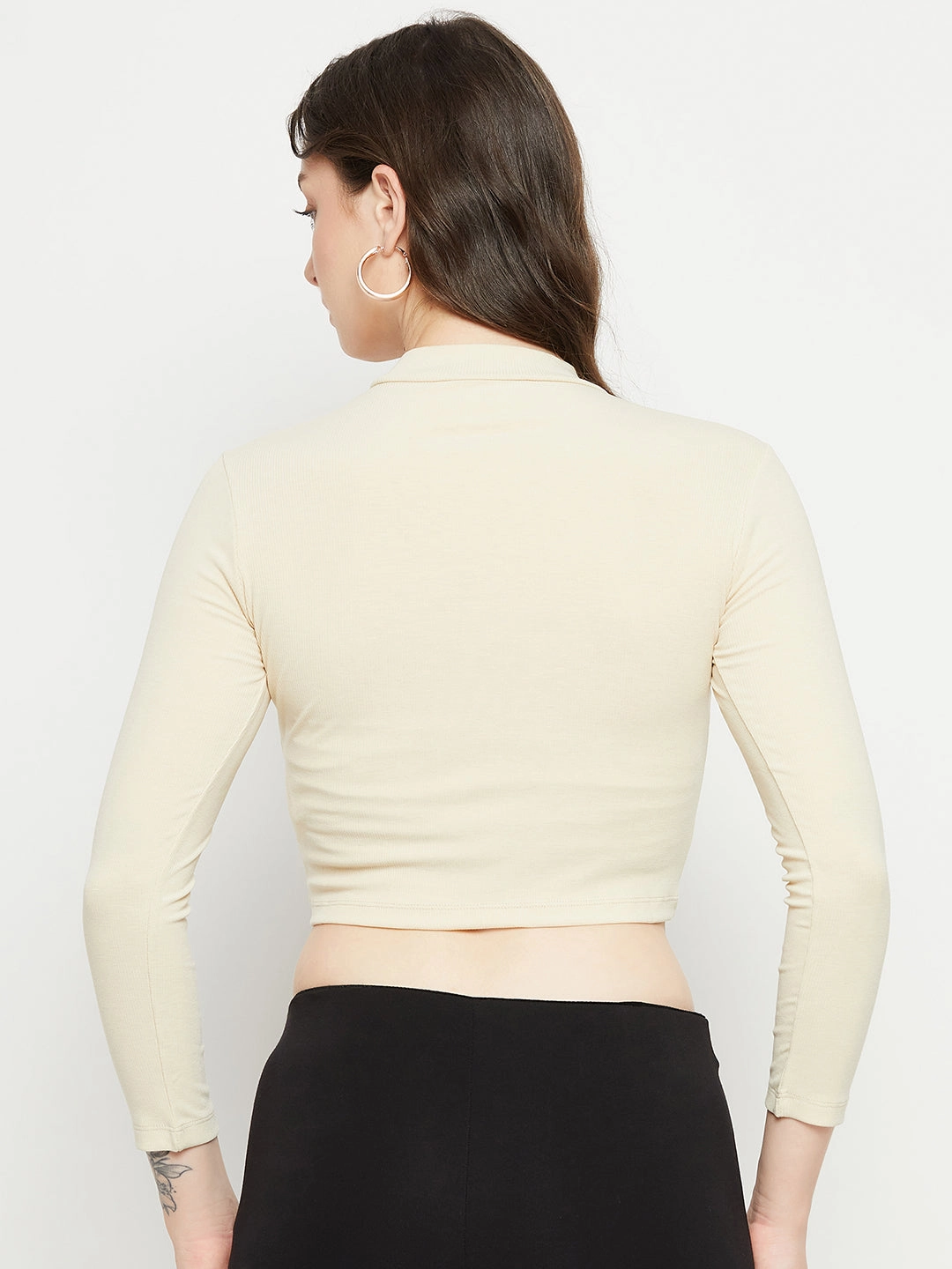 Hidden Pocket Madame Beige Drawstring Crop Top