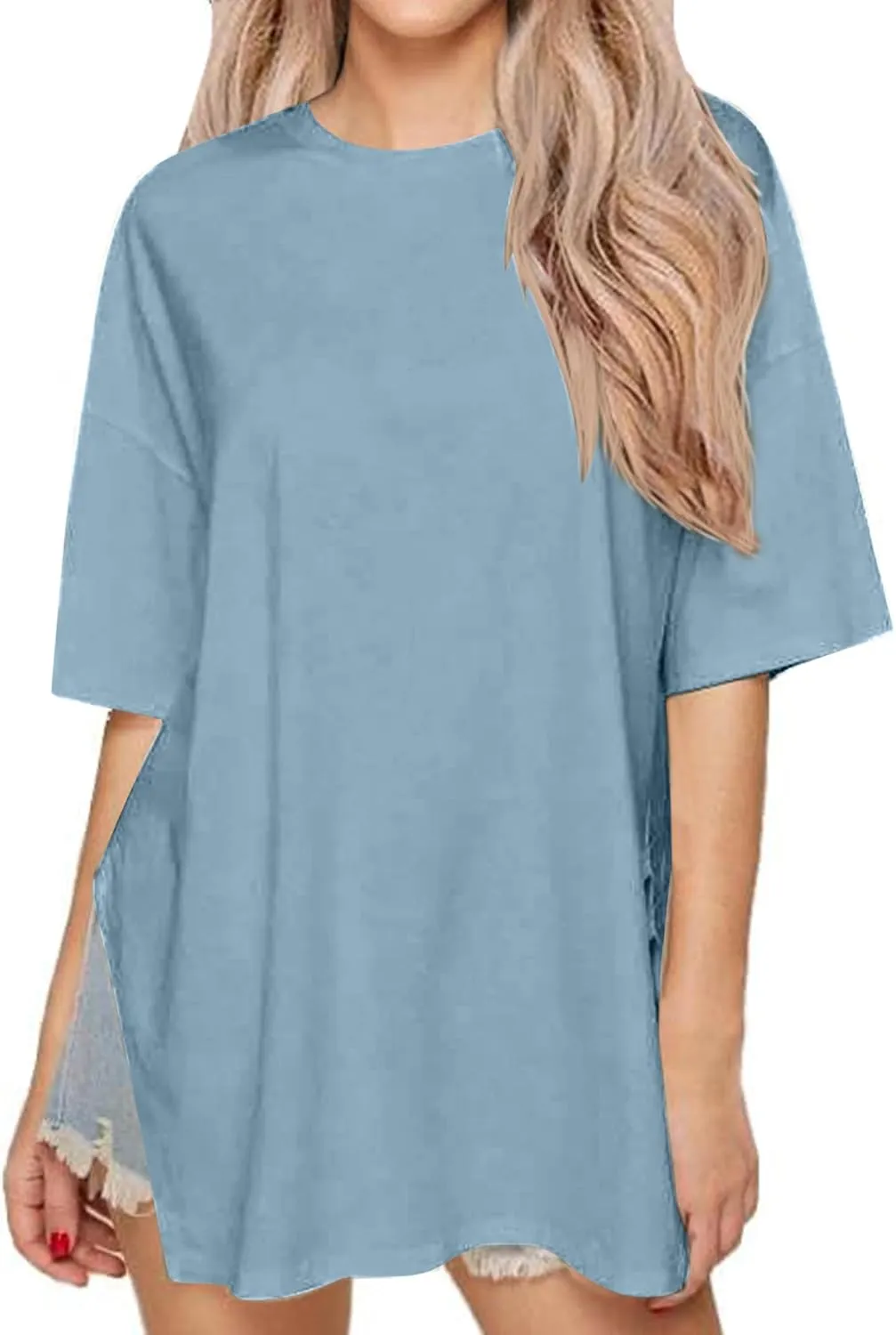Remidoo Womens Oversized Tee Side Split Short Sleeve T Shirt Solid Crew Neck Loose Top