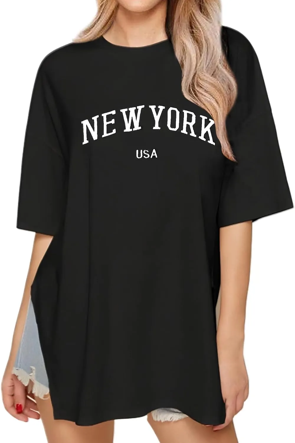 Remidoo Womens Oversized Tee Side Split Short Sleeve T Shirt Solid Crew Neck Loose Top