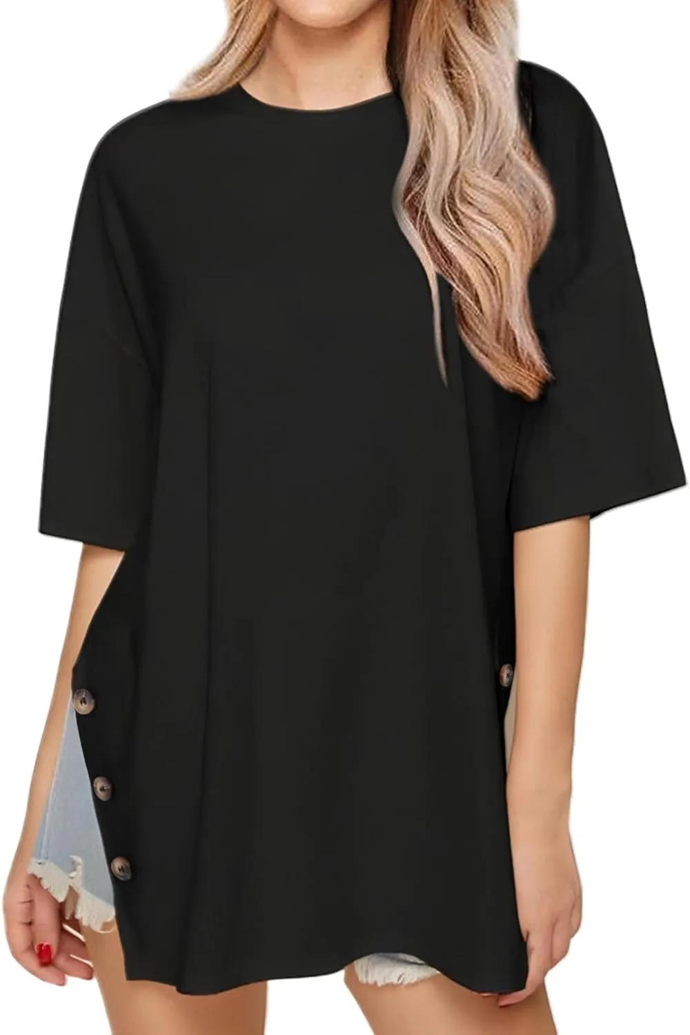 Remidoo Womens Oversized Tee Side Split Short Sleeve T Shirt Solid Crew Neck Loose Top