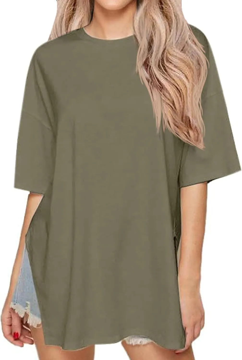 Remidoo Womens Oversized Tee Side Split Short Sleeve T Shirt Solid Crew Neck Loose Top