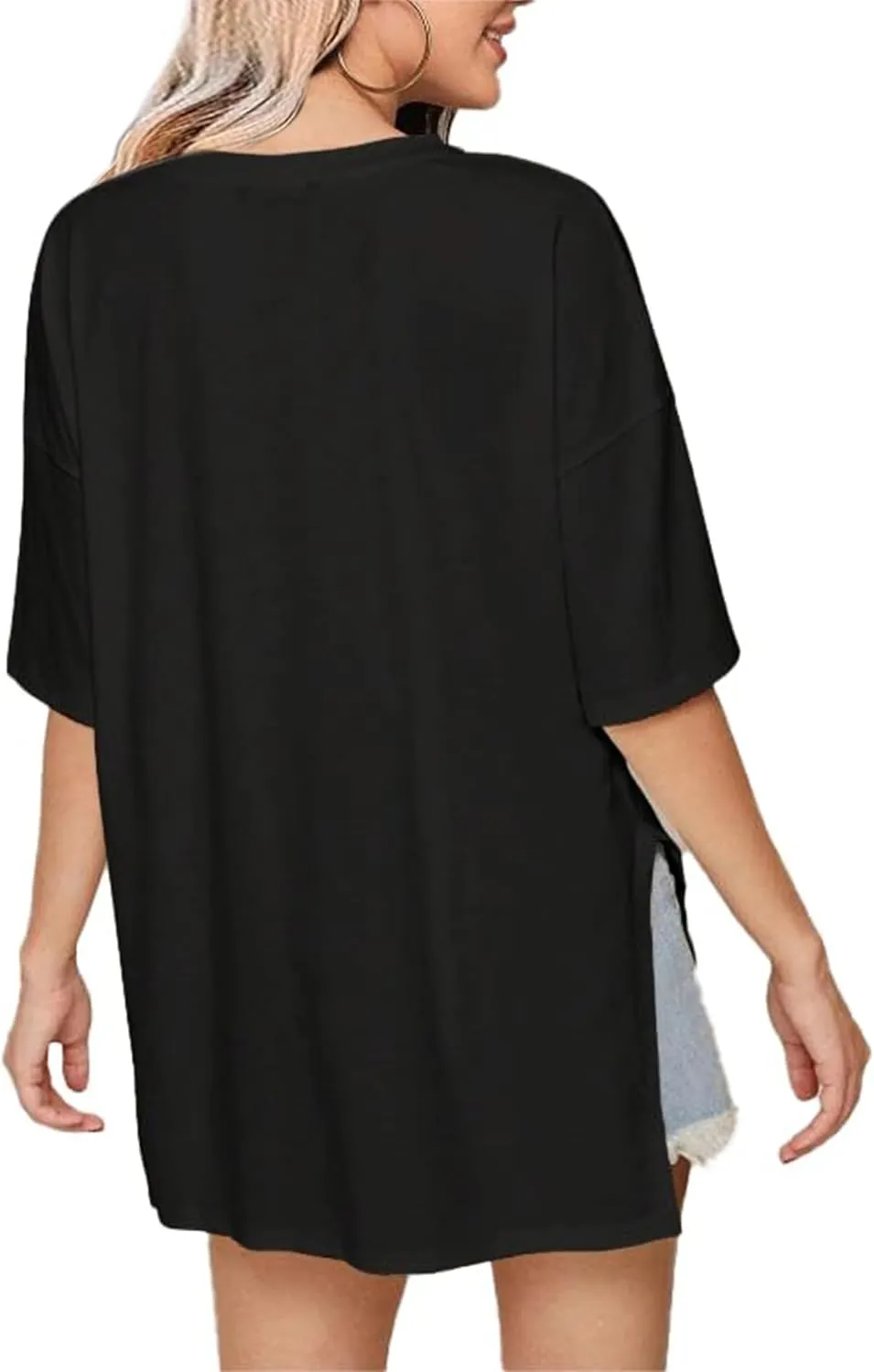 Remidoo Womens Oversized Tee Side Split Short Sleeve T Shirt Solid Crew Neck Loose Top