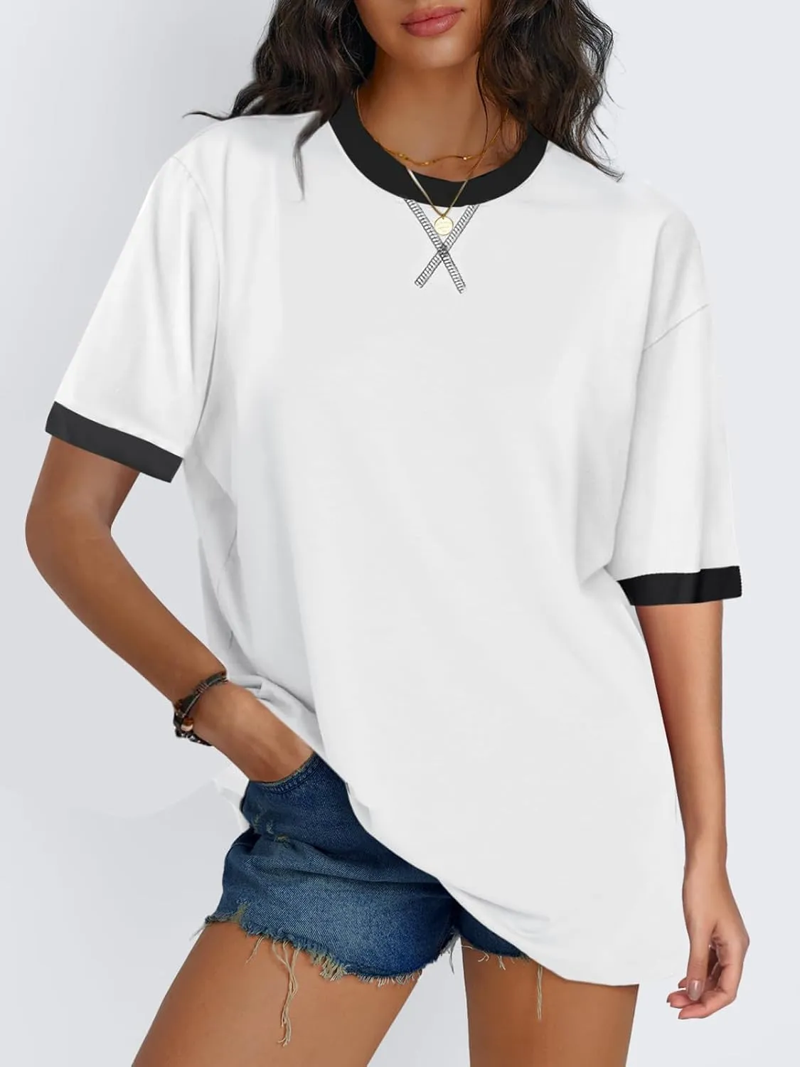 Remidoo Womens Ringer Tee Oversized Tshirts Casual Crewneck Half Sleeve Tops