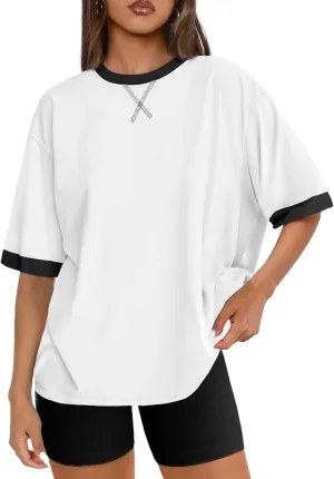 Remidoo Womens Ringer Tee Oversized Tshirts Casual Crewneck Half Sleeve Tops