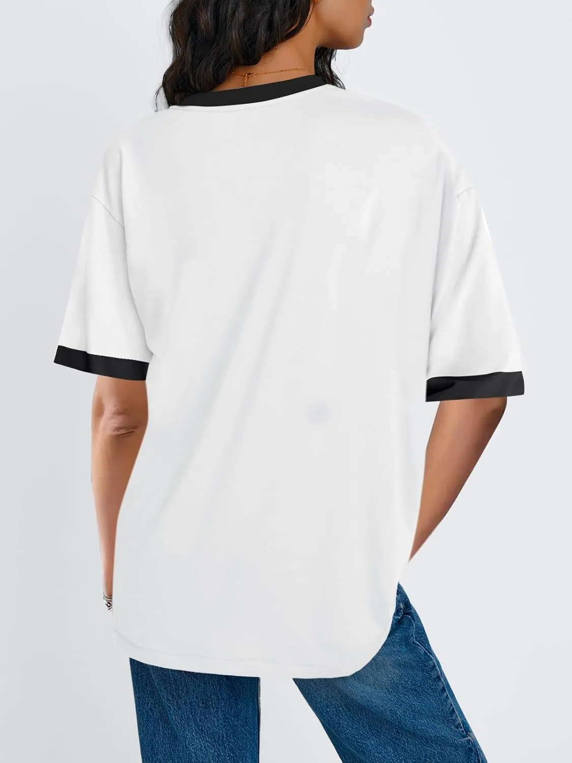 Remidoo Womens Ringer Tee Oversized Tshirts Casual Crewneck Half Sleeve Tops