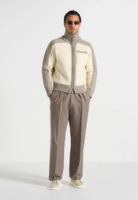 Ren?? - Colour Block Zip Through Cardigan - Cream/Beige SweaterSpecific Detergent Guide Polished Edge