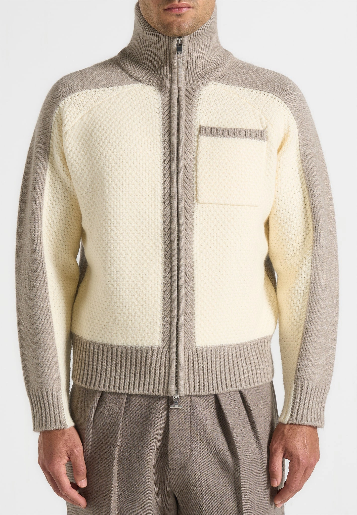 Home Outfit AntiPilling Finish Ren?? - Colour Block Zip Through Cardigan - Cream/Beige