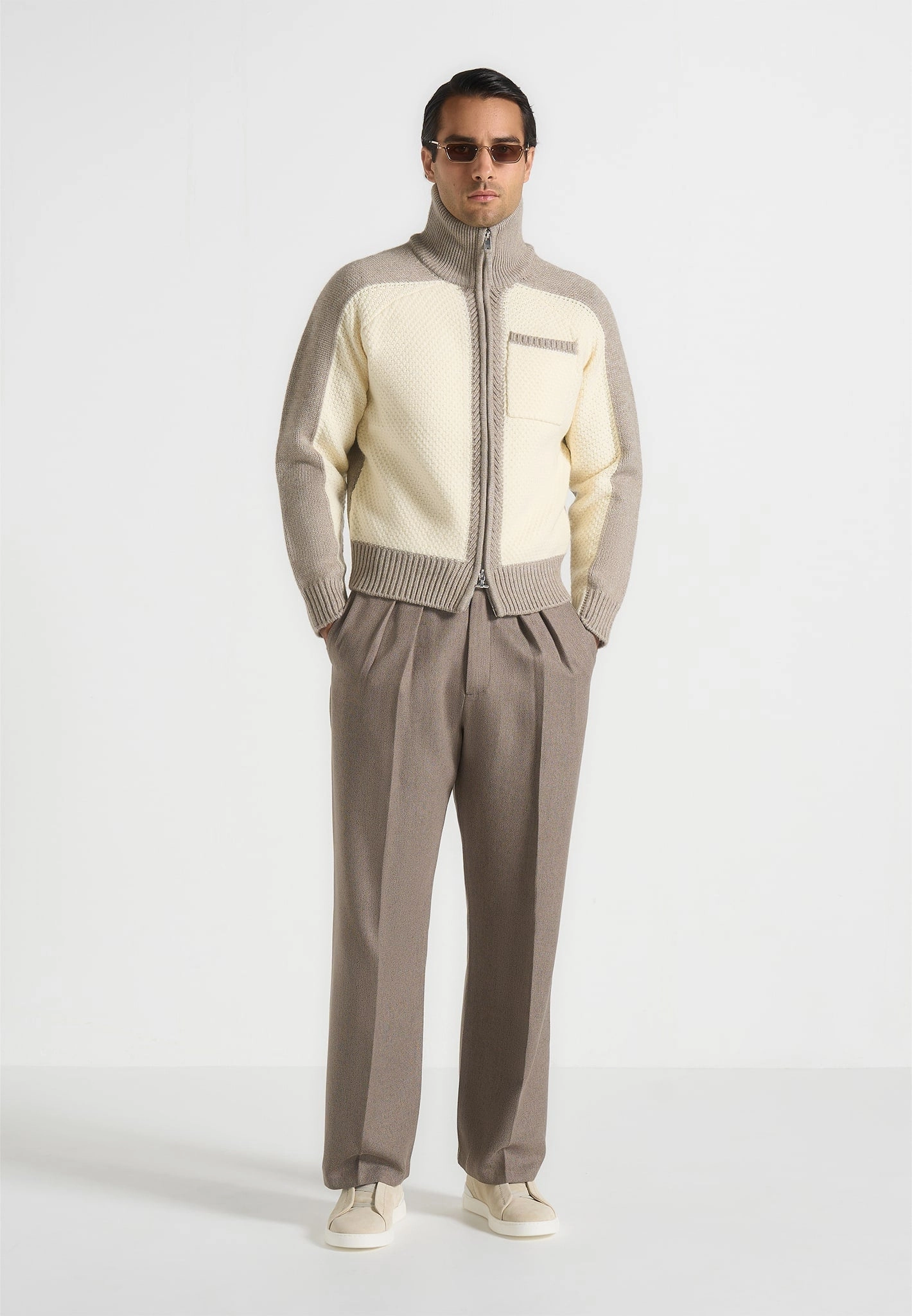 Skin Friendly Stitch Ren?? - Colour Block Zip Through Cardigan - Cream/Beige