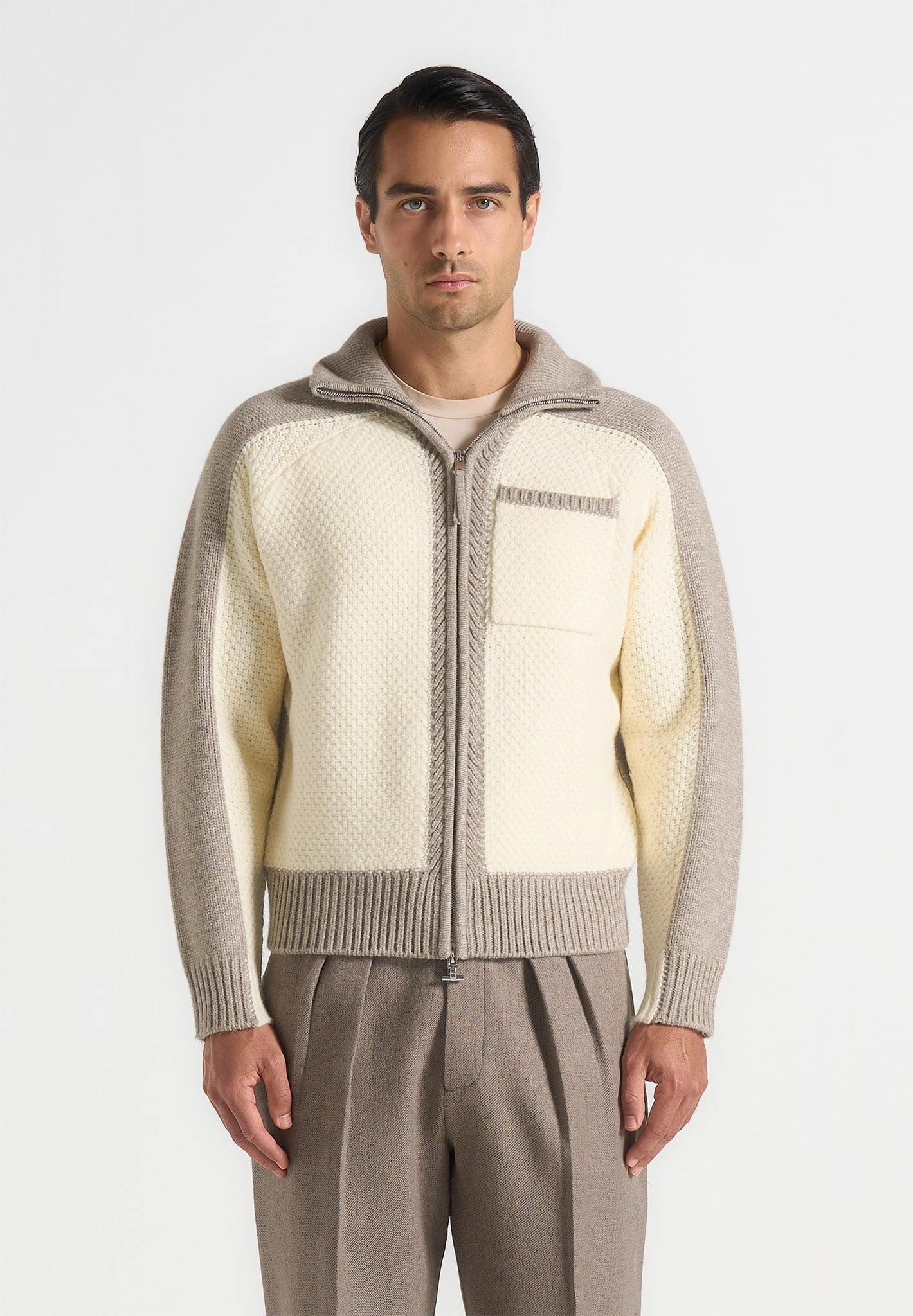 Trendy pick Home Trend Ren?? - Colour Block Zip Through Cardigan - Cream/Beige