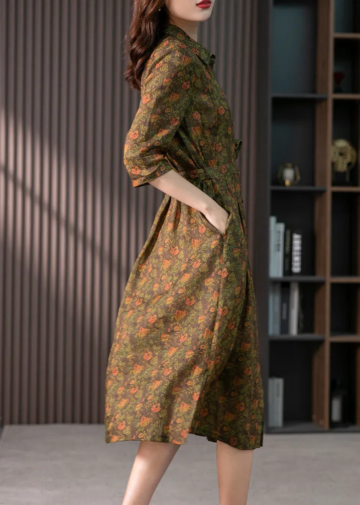Retro Peter Pan Collar Print Button Slim Linen Maxi Dress Half Sleeve LY1735