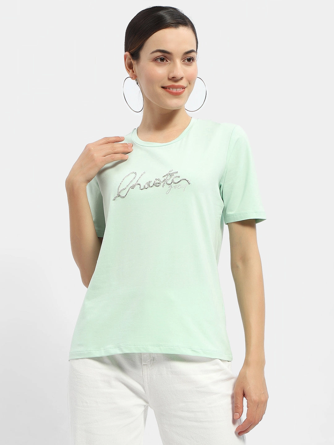 Trendy Wearable Hypoallergenic Textile Madame Typography Mint Crew Neck T-Shirt