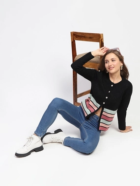 Madame Black Striped Buttoned Cardigan Hidden Storage Pockets