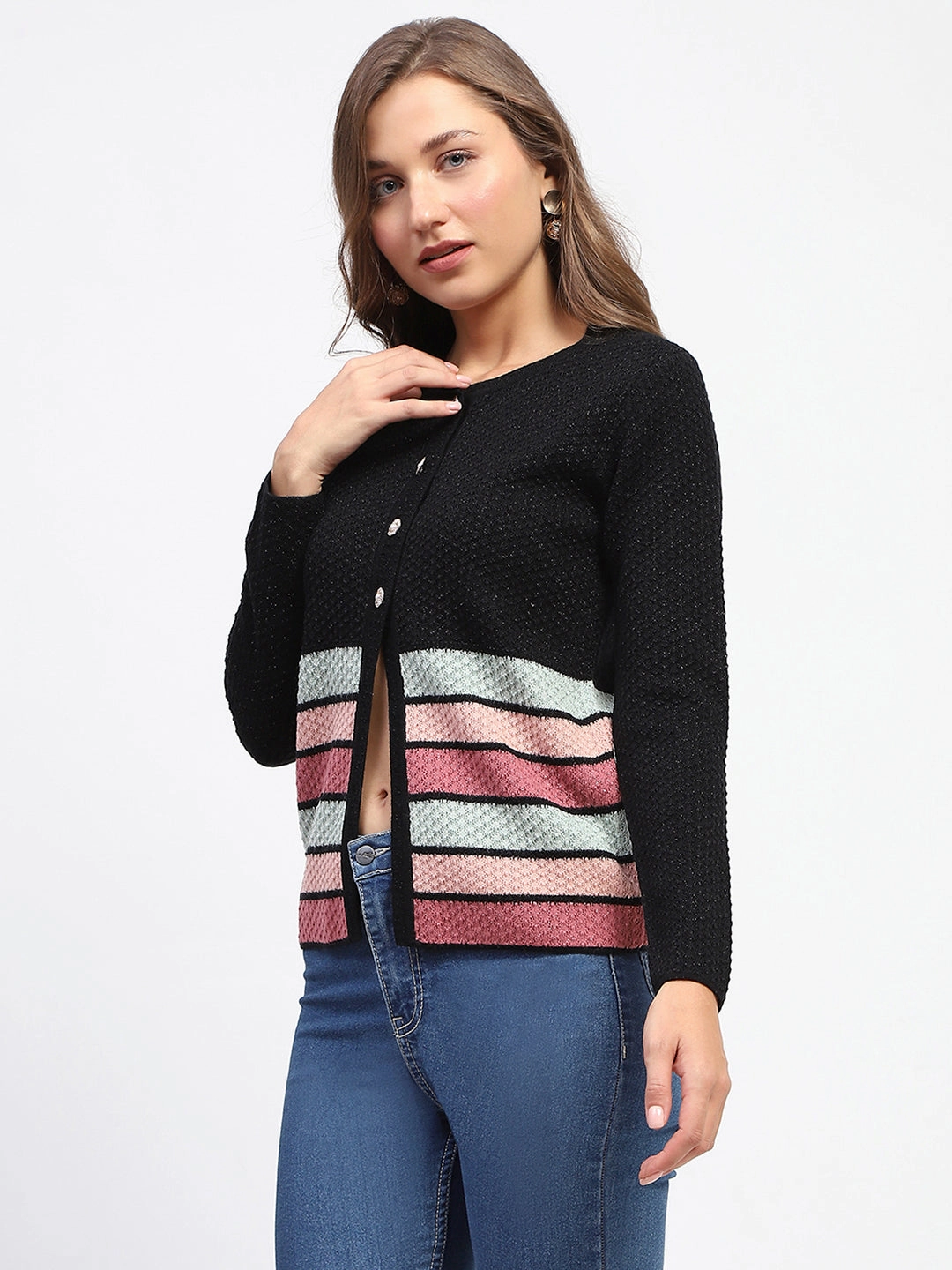 NonRestrictiveCut Thermal Regulation Fabric Madame Black Striped Buttoned Cardigan