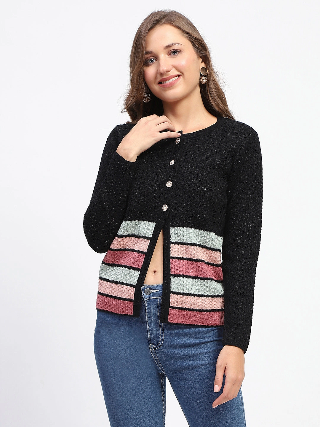 AdjustableHemCuffs Madame Black Striped Buttoned Cardigan