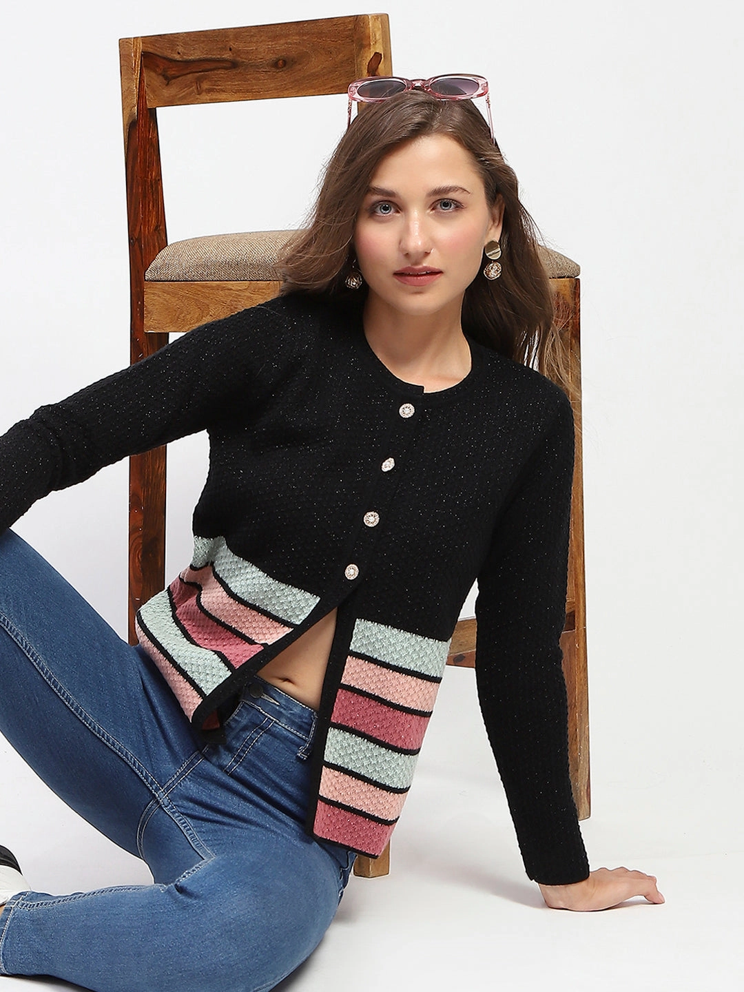 Casual Tank Madame Black Striped Buttoned Cardigan