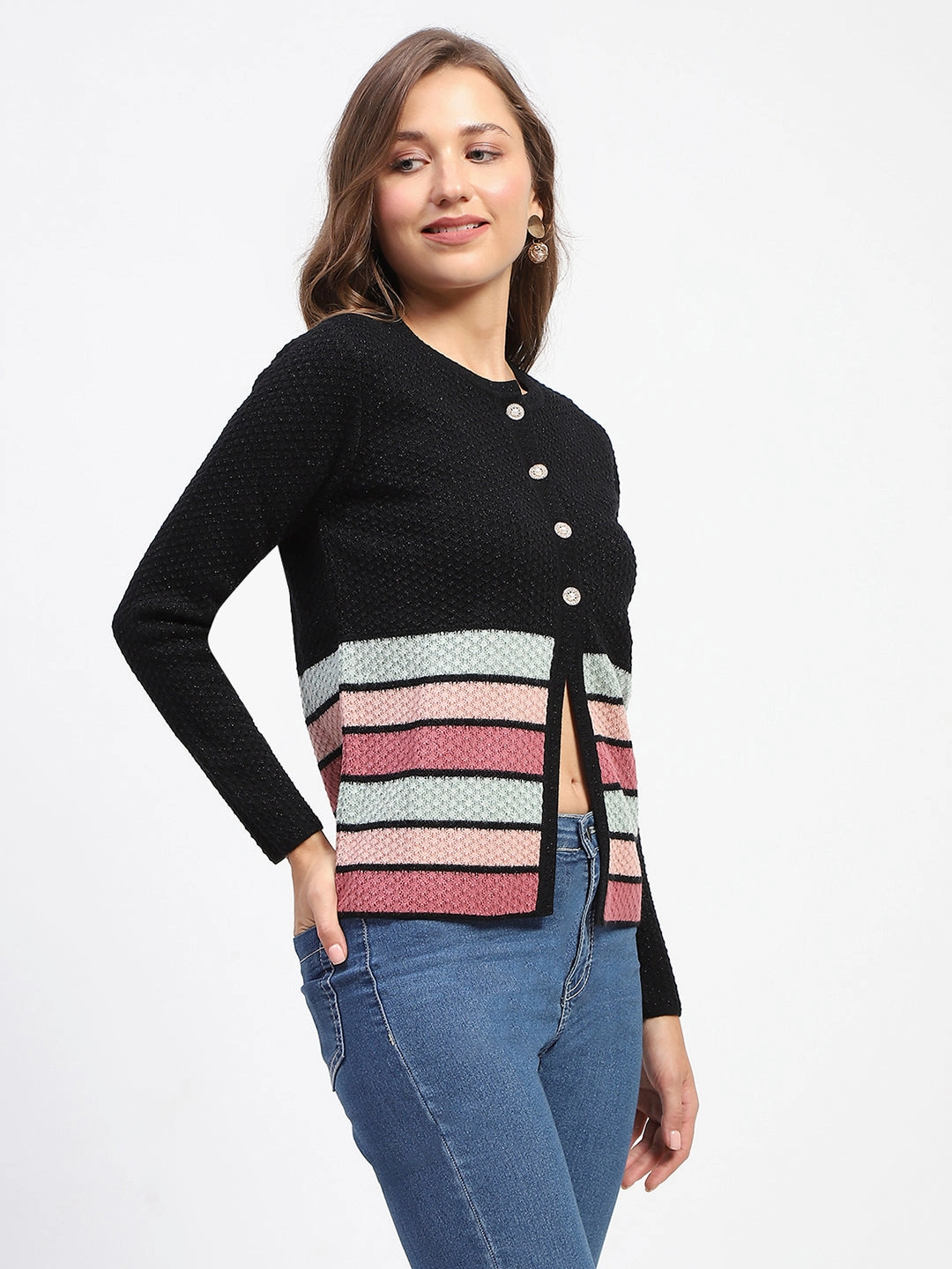 NonRestrictive Armholes BrushedInnerLining Madame Black Striped Buttoned Cardigan