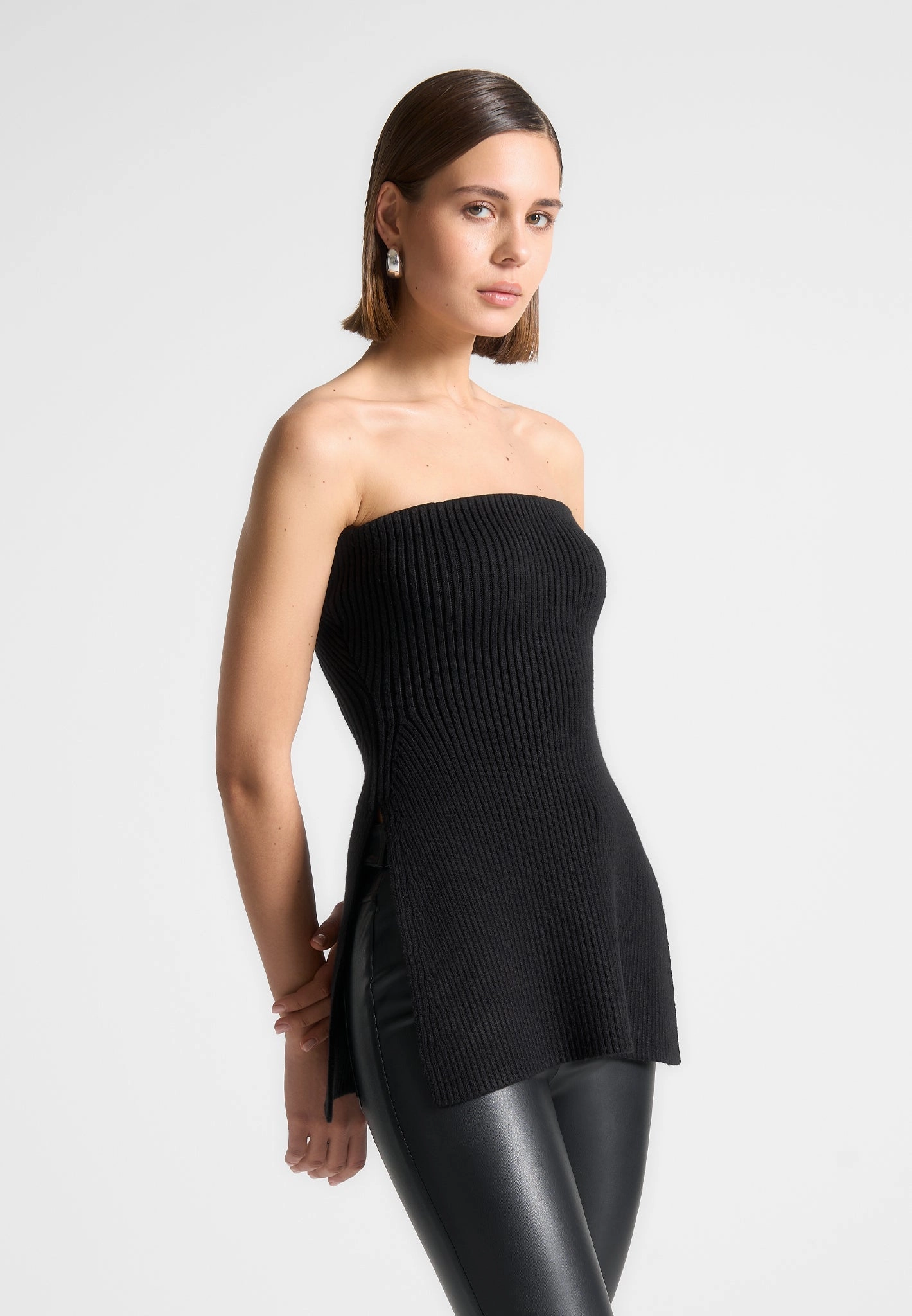 Natural Fiber Construction Rib Knit Longline Bandeau Top - Black
