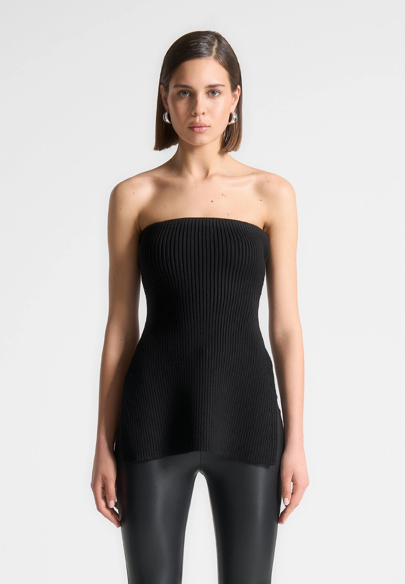 Rib Knit Longline Bandeau Top - Black Easy Care Material