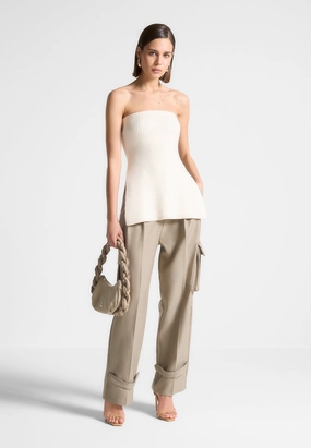 Simple Layer Winter Travel Rib Knit Longline Bandeau Top - Off White