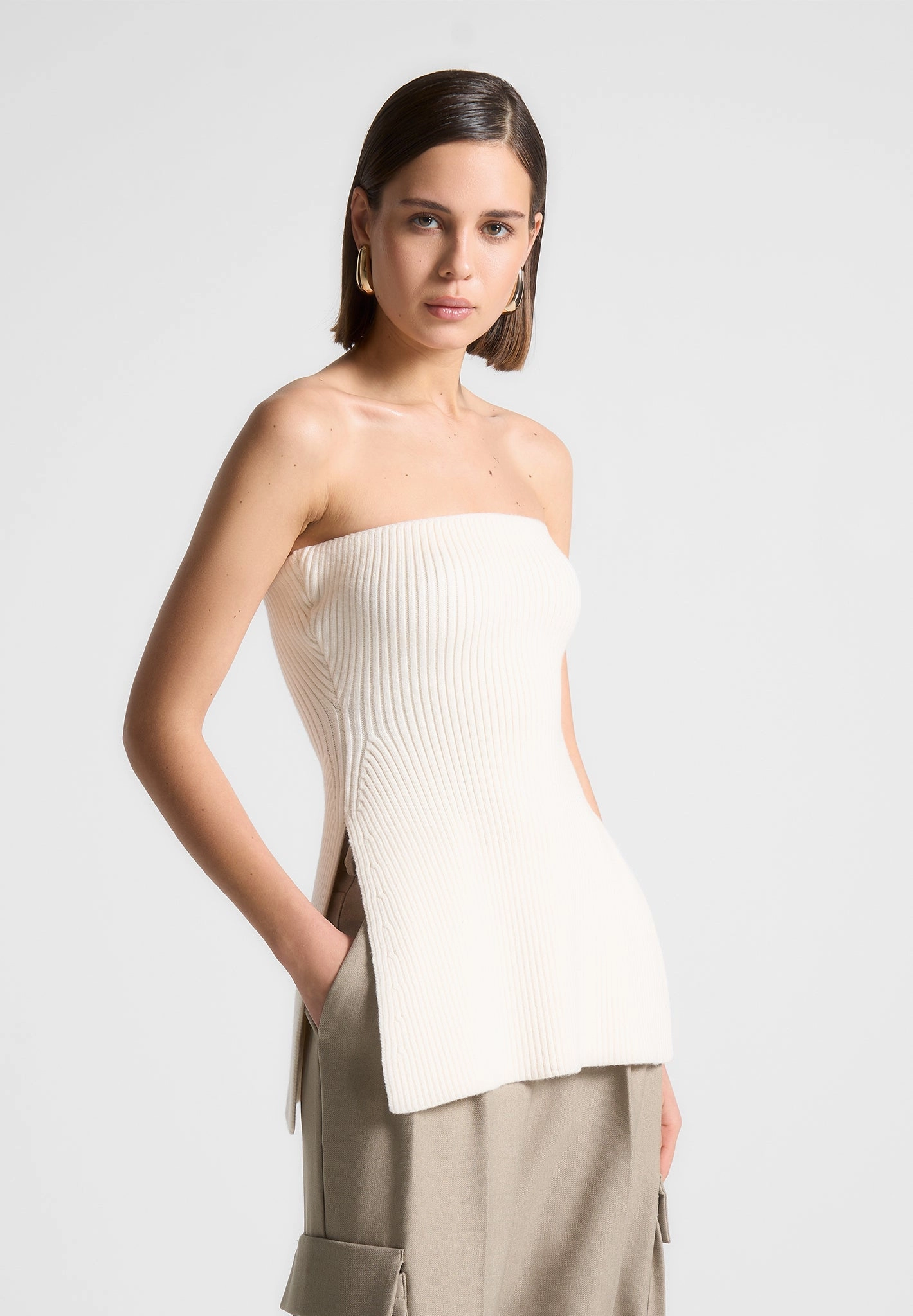 Ready Style Rib Knit Longline Bandeau Top - Off White