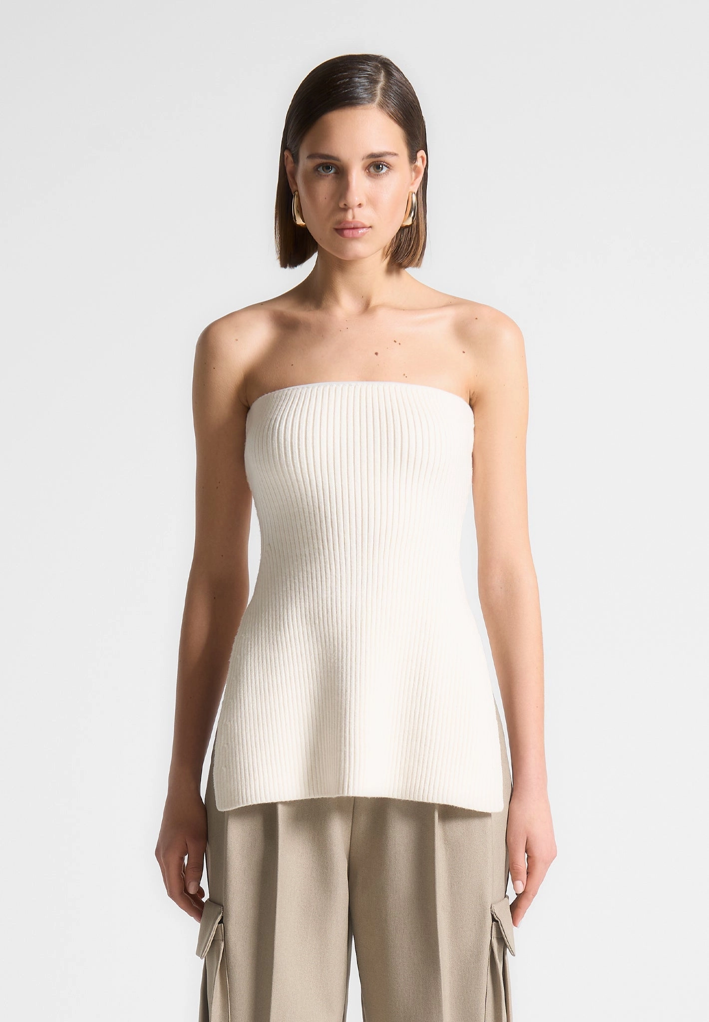 Rib Knit Longline Bandeau Top - Off White HandLinked Seams