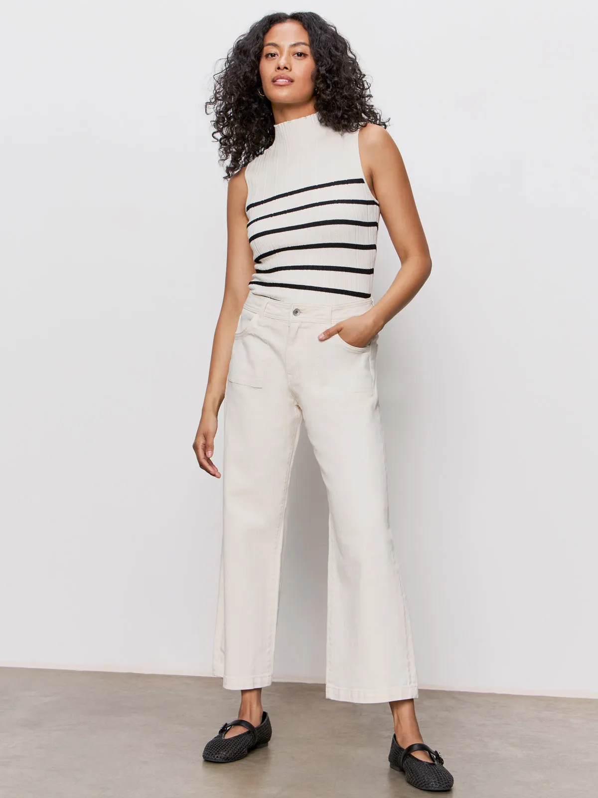 Fashion-Ready Soft and Cozy Ribbed Funnel Neck Top Light Oat/Black