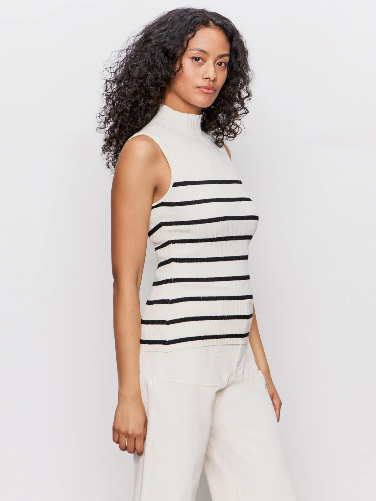 Ribbed Funnel Neck Top Light Oat/Black On-the-Go Comfort Simple and Light