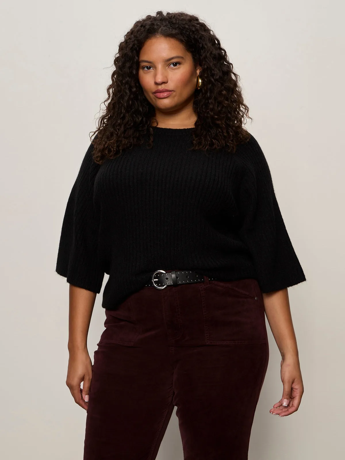 Durable Hem Stitching Ribbed Sweater Tee Black Extended Sizing