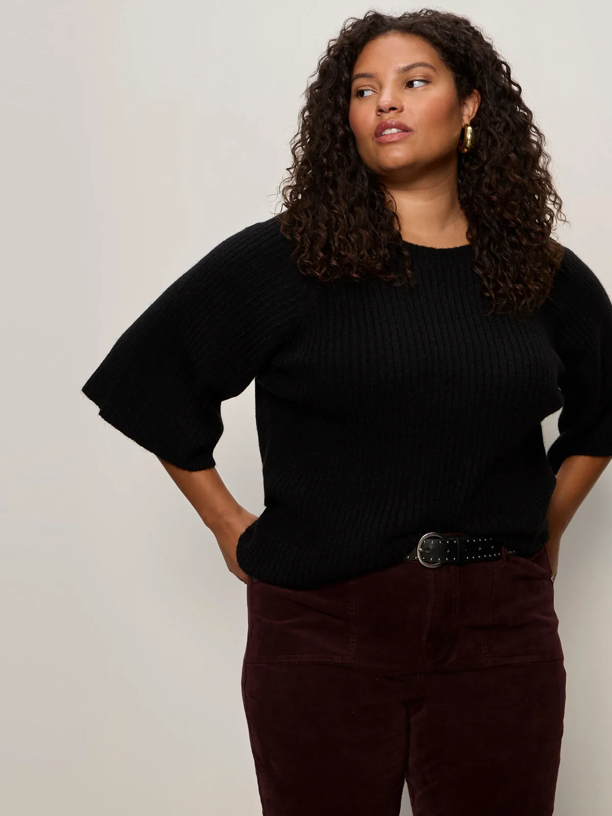 Ribbed Sweater Tee Black Extended Sizing Drop Shoulder Cut